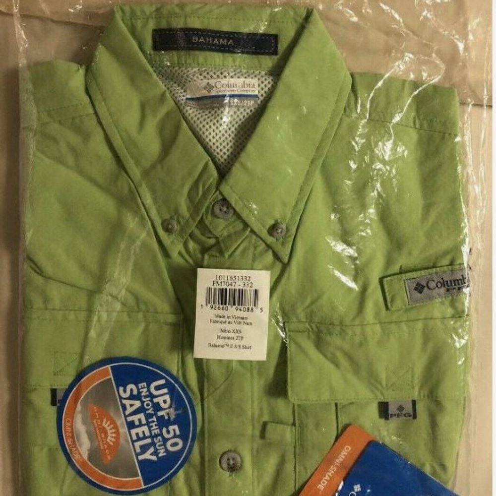 NEW COLUMBIA Men's PFG Bahama II Short Sleeve Shirt, Jade Lime, XX-Small, UPF 50